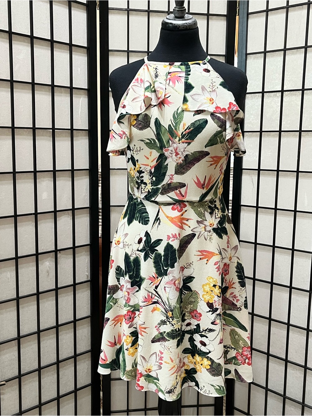 LONDON TIMES Tropical Halter Mini Dress in Cream WOMEN SIZE 6